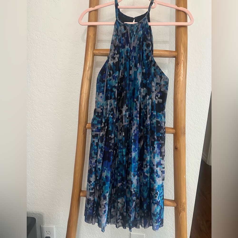Trina Turk Blue and Black pleated Aline Halter Dress